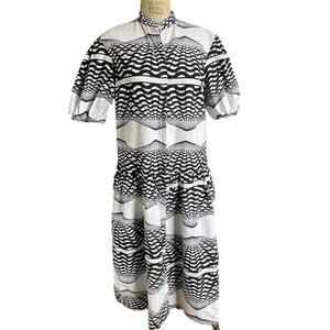 YEVU Drop Waist Midi Cotton Dress  in Black and White Print Size Large